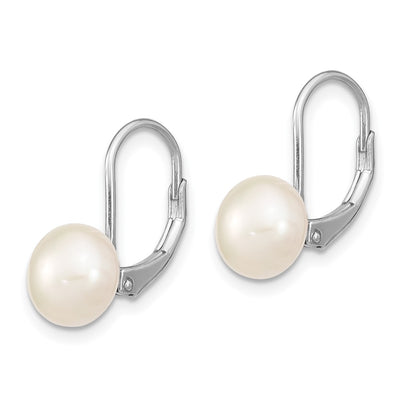 Sterling Silver Rhodium-plated White Button Freshwater Cultured Pearl Leverback Earrings