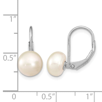 Sterling Silver Rhodium-plated White Button Freshwater Cultured Pearl Leverback Earrings