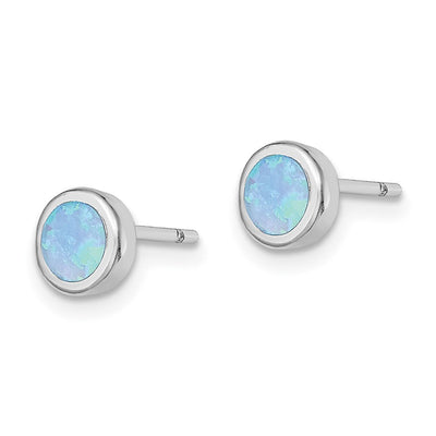 Sterling Silver RH-plated Polished Blue Created Opal Round Stud Earrings, 6.2 x 6.2mm