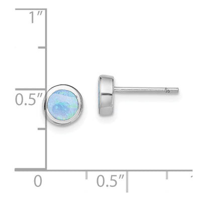 Sterling Silver RH-plated Polished Blue Created Opal Round Stud Earrings, 6.2 x 6.2mm