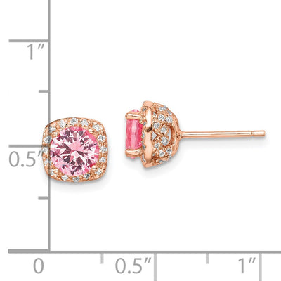 Sterling Silver Rose-tone Square Pink Crystal Center and CZ Post Earrings