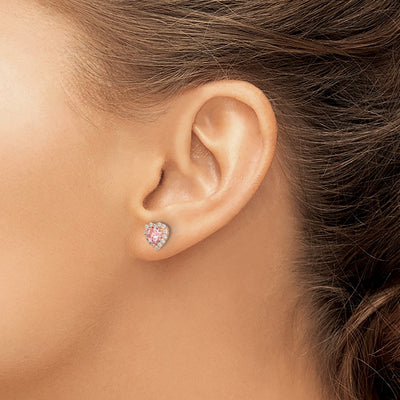 Sterling Silver Rose-plated Post CZ and Crystal Pink Heart Earrings