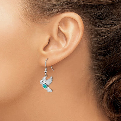 Sterling Silver Rhodium-plated Created Blue Opal Bird Dangle Earrings