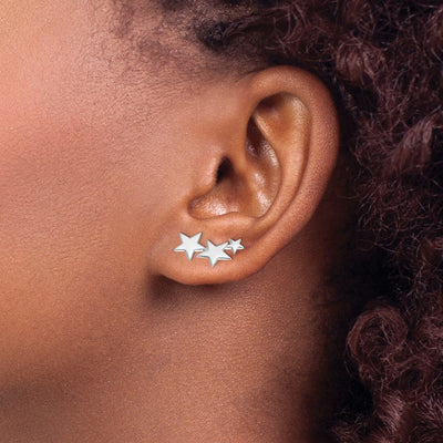 Sterling Silver RH-plated Polished Graduating Stars Ear Climber Earrings