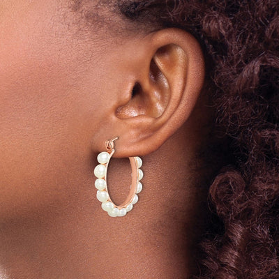 Sterling Silver Rose-tone 18K Flash Gold-plated White Button Freshwater Cultured Pearl Hoop Earrings