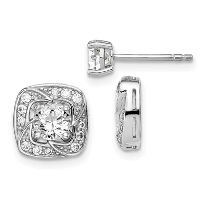 Sterling Silver RH-plated Round CZ Post w/ Square Jackets Earrings