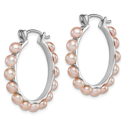 Sterling Silver Rhodium-plated Pink Button Freshwater Cultured Pearl Hoop Earrings