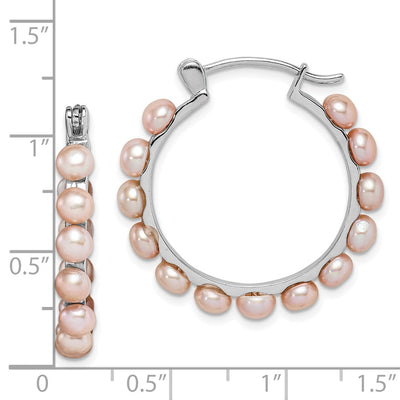 Sterling Silver Rhodium-plated Pink Button Freshwater Cultured Pearl Hoop Earrings