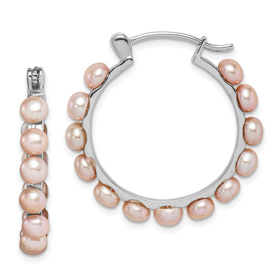 Sterling Silver Rhodium-plated Pink Button Freshwater Cultured Pearl Hoop Earrings