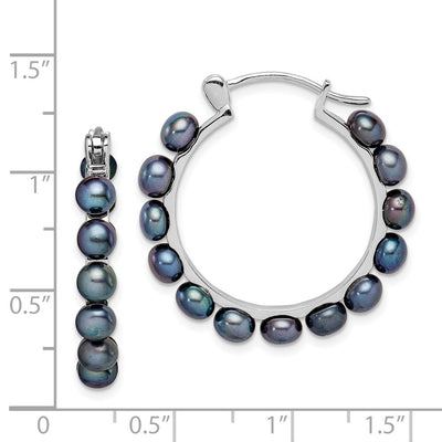 Sterling Silver Rhodium-plated Black Button Freshwater Cultured Pearl Hoop Earrings
