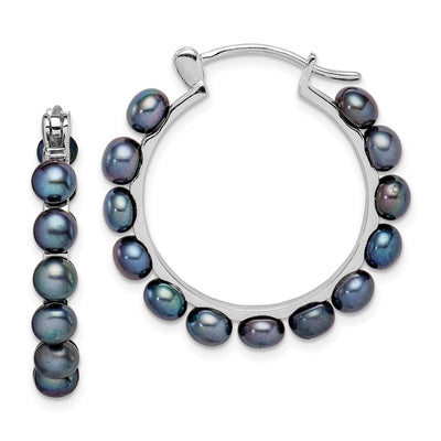Sterling Silver Rhodium-plated Black Button Freshwater Cultured Pearl Hoop Earrings