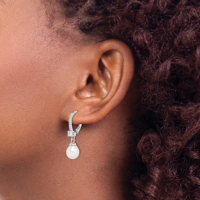 Sterling Silver Rhodium-plated White Teardrop Freshwater Cultured Pearl and CZ Leverback Dangle Earrings, 27 x 7 to 8mm