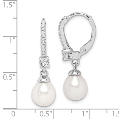 Sterling Silver Rhodium-plated White Teardrop Freshwater Cultured Pearl and CZ Leverback Dangle Earrings, 27 x 7 to 8mm