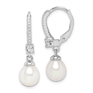 Sterling Silver Rhodium-plated 7- White Teardrop Freshwater Cultured Pearl and CZ Leverback Dangle Earrings (Style QE15201)