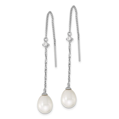 Sterling Silver Rhodium-plated White Teardrop Freshwater Cultured Pearl and CZ Threader Earrings, 38.35 x 7 to 8mm