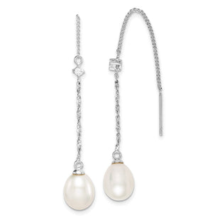 Sterling Silver Rhodium-plated 7- White Teardrop Freshwater Cultured Pearl and CZ Threader Earrings (Style QE15211)