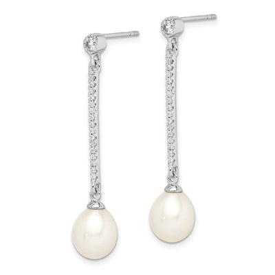 Sterling Silver Rhodium-plated White Rice Freshwater Cultured Pearl and CZ Post Dangle Earrings, 41.6 x 8 to 9mm