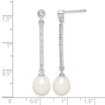 Sterling Silver Rhodium-plated White Rice Freshwater Cultured Pearl and CZ Post Dangle Earrings, 41.6 x 8 to 9mm