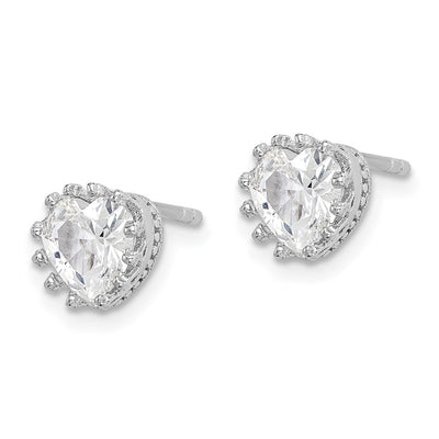 Sterling Silver RH-plated Polished & Textured Heart CZ Stud Earrings