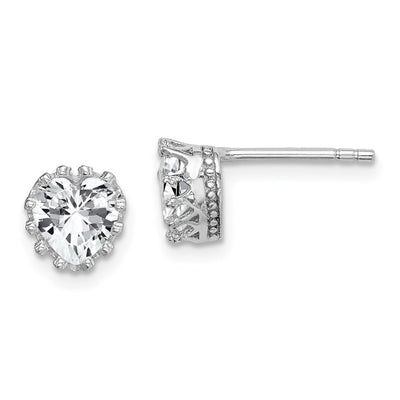 Sterling Silver RH-plated Polished & Textured Heart CZ Stud Earrings
