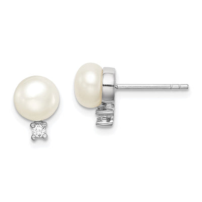Sterling Silver Rhodium-plated White Button Freshwater Cultured Pearl and CZ Post Earrings, 9.78 x 6 to 7mm