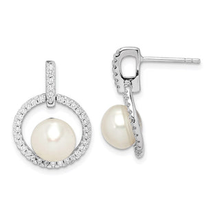 Sterling Silver Rhodium-plated 8- White Button Freshwater Cultured Pearl and CZ Post Dangle Earrings (Style QE15264)