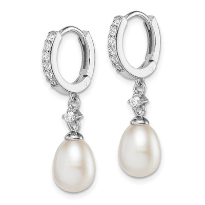 Sterling Silver Rhodium-plated White Freshwater Cultured Pearl and CZ Hoop Dangle Earrings