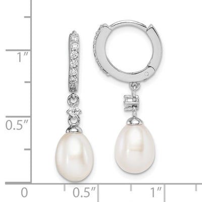 Sterling Silver Rhodium-plated White Freshwater Cultured Pearl and CZ Hoop Dangle Earrings