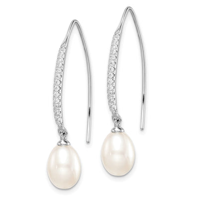 Sterling Silver Rhodium-plated White Teardrop Freshwater Cultured Pearl and CZ Threader Earrings, 36 x 7 to 8mm