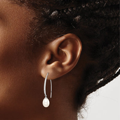 Sterling Silver Rhodium-plated White Teardrop Freshwater Cultured Pearl and CZ Threader Earrings, 36 x 7 to 8mm