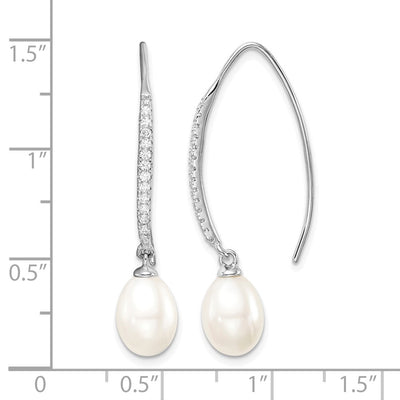 Sterling Silver Rhodium-plated White Teardrop Freshwater Cultured Pearl and CZ Threader Earrings, 36 x 7 to 8mm