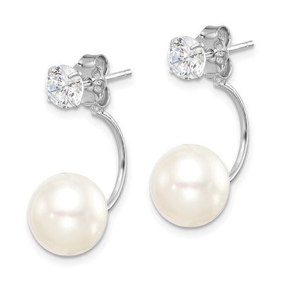 Sterling Silver Rhodium-plated White Button Freshwater Cultured Pearl and CZ Front and Back Post Dangle Earrings