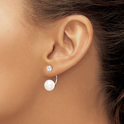 Sterling Silver Rhodium-plated White Button Freshwater Cultured Pearl and CZ Front and Back Post Dangle Earrings