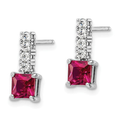 Sterling Silver Rhodium-plated Created Ruby and CZ Post Dangle Earrings, 14.04 x 5.09mm