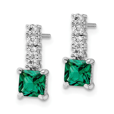 Sterling Silver Polished Rhodium-plated Green/Clear CZ Post Dangle Earrings, 14 x 5mm