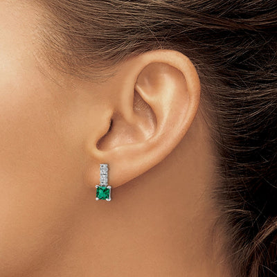 Sterling Silver Polished Rhodium-plated Green/Clear CZ Post Dangle Earrings, 14 x 5mm
