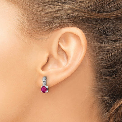 Sterling Silver Rhodium-plated Created Ruby and CZ Post Dangle Earrings, 14 x 6mm