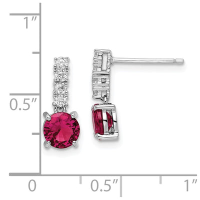 Sterling Silver Rhodium-plated Created Ruby and CZ Post Dangle Earrings, 14 x 6mm