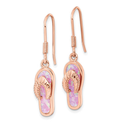 Sterling Silver Rose-tone Pink Created Opal Inlay Flip Flop Dangle Earrings