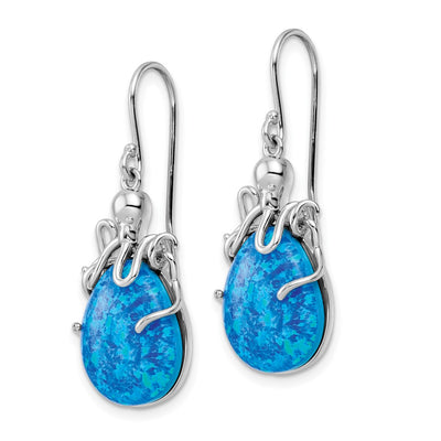 Sterling Silver Rhodium-plated Blue Lab Created Opal Octopus Dangle Earrings