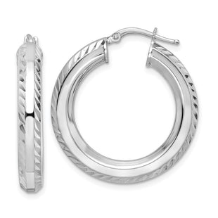 Sterling Silver Rhodium-plated D/C Octagon Tube Hoop Earrings (Style QE15870)