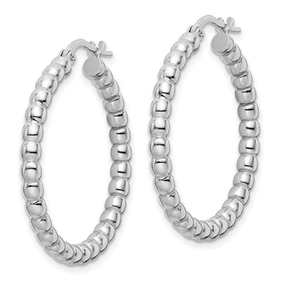 Sterling Silver Rhodium-plated Polished Beaded Hoop Earrings, 32 x 3mm
