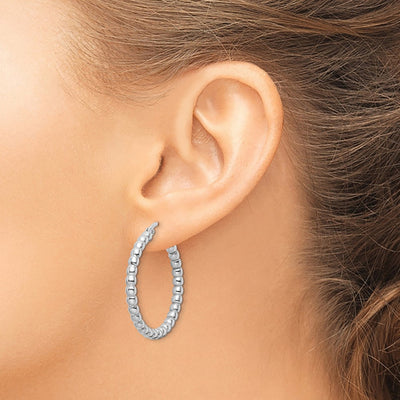Sterling Silver Rhodium-plated Polished Beaded Hoop Earrings, 32 x 3mm