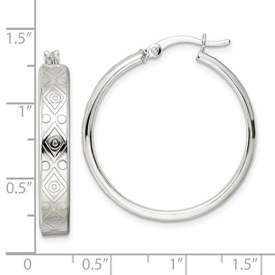 Sterling Silver Polished Geometric Design Round Hoop Earrings, 31.5 x 5.25mm