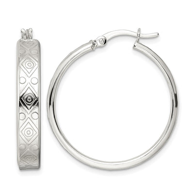 Sterling Silver Polished Geometric Design Round Hoop Earrings, 31.5 x 5.25mm