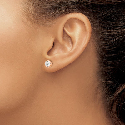 Sterling Silver Rose-tone Polished Round CZ Bezel Set Stud Earrings, 7 x 7mm