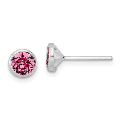 Sterling Silver Rhod-plated Polished Pink Crystal Bezel Stud Earrings