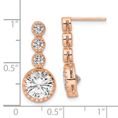 Sterling Silver Rose-tone Polished Round CZ Post Dangle Earrings