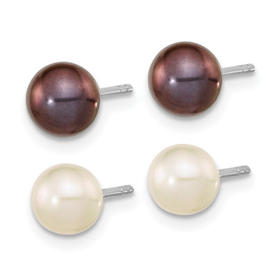 Sterling Silver Rhodium-plated Black and White Round Freshwater Cultured Pearl Set of 2 Post Earrings