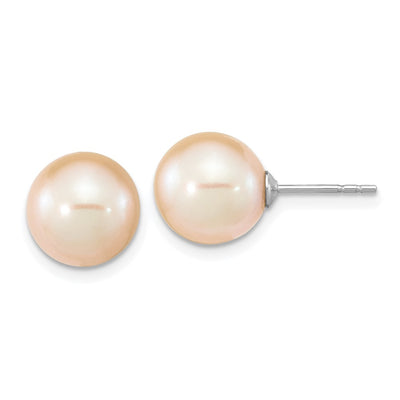 Sterling Silver Rhodium-plated Pink Round Freshwater Cultured Pearl Post Earrings